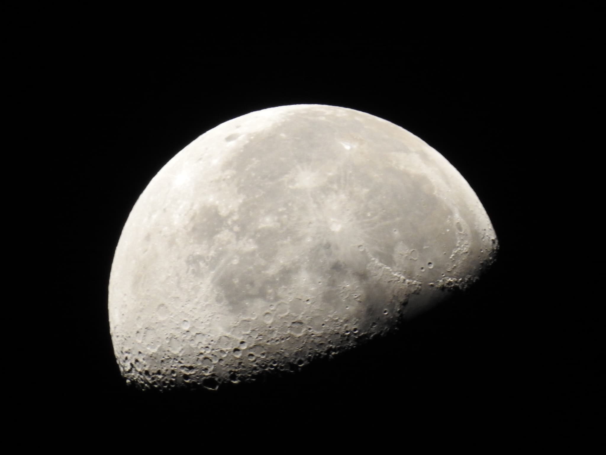 A half moon in sharp detail, craters and lunar seas clearly visible