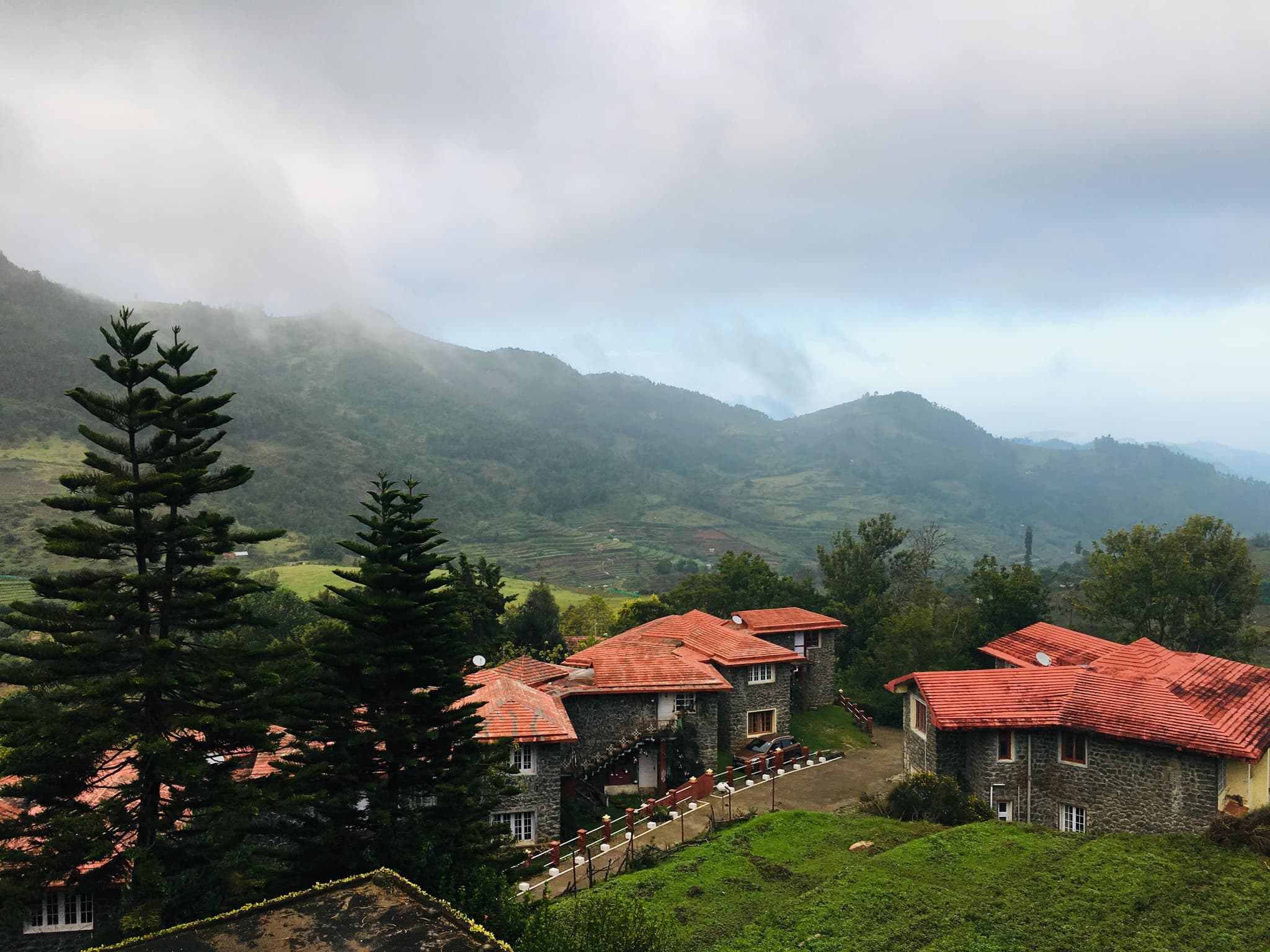 Stone cottages with red-tile roofs on misty hillside with pine trees